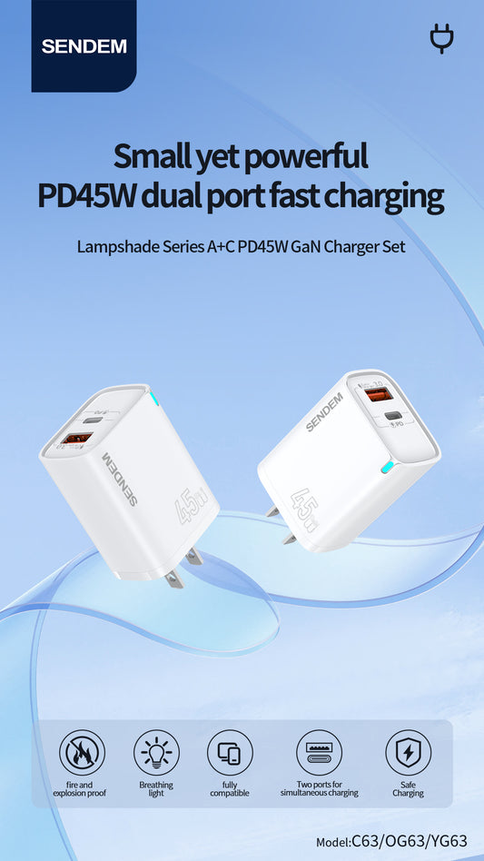 OG63 light display series USB+Type C ports EU plug PD45W GaN charger