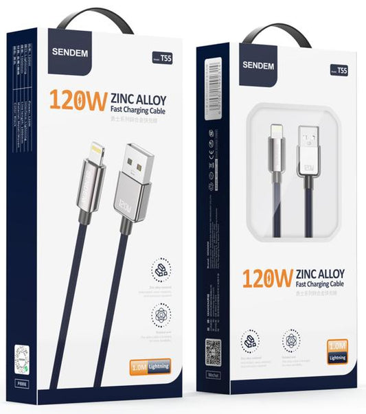 كابل شحن سريع T55-Lightning- مصنوع من سبائك الزنك بقوة 120 وات