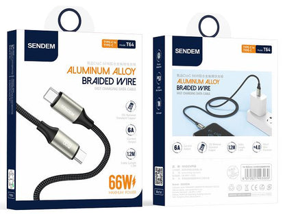 كابل شحن سريع مضفر من الألومنيوم T64 -C إلى C- بطول 1.2 متر - 66 واط