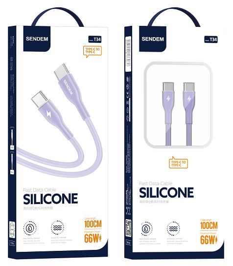 كابل شحن سريع T34 -C إلى C- من السيليكون الحقيقي بقوة 66 وات